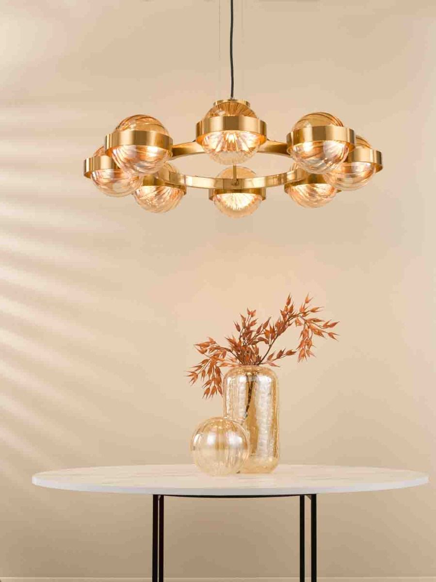 Ophira 8 Light Pendant Antique Gold and Amber Ribbed Glass