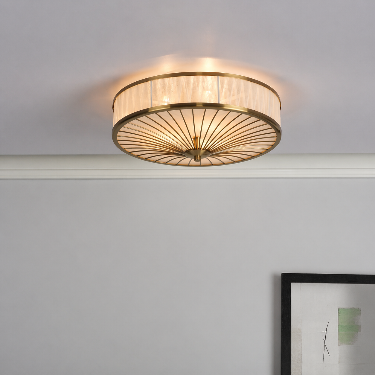 Antique brass flush ceiling light with white glass shade