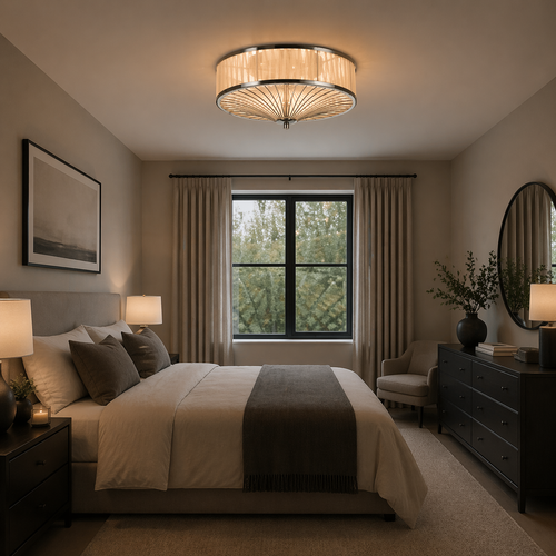 Chrome flush ceiling light with white glass shade in bedroom