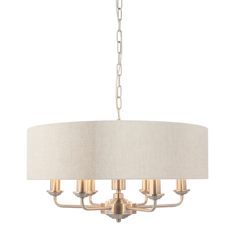 Highclere Brushed Chrome 6-Light Pendant Light with Natural Linen Shades