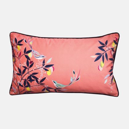 Coral Orchard Birds Velvet Cushion