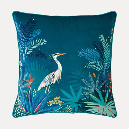 Teal Heron Velvet Cushion