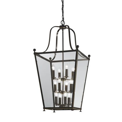 Vintage 12-Light Lantern with Antique Bronze and Beveled Glass