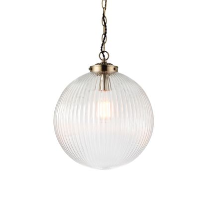 Brydon 1-Light Pendant: Antique Brass Chain & Ribbed Glass (Dimmable)